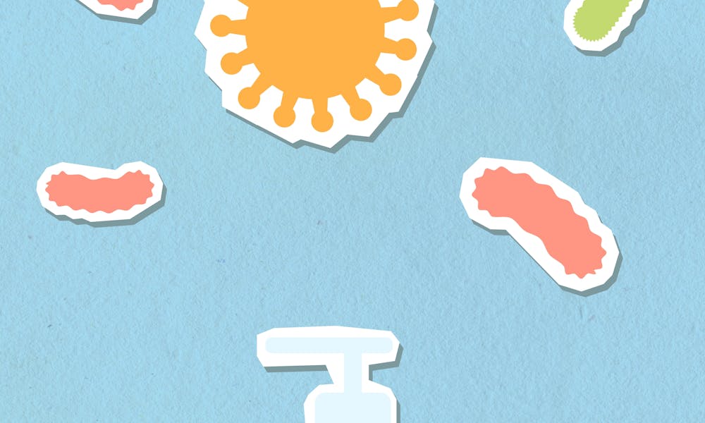 Paper cutout of antiseptic bottle for skin care and preventing disease on blue background with abundance of dangerous types of viruses .pexels