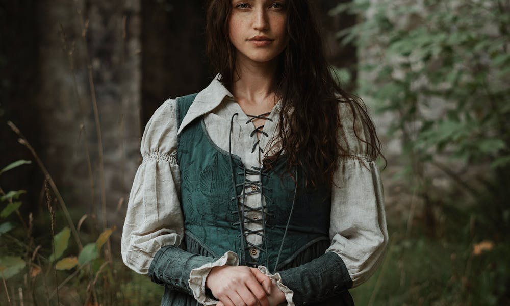 A woman in medieval attire stands confidently with a sword in a forest setting. .pexels